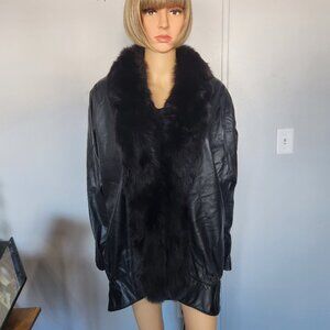 #749 Large leather/fox fur coat